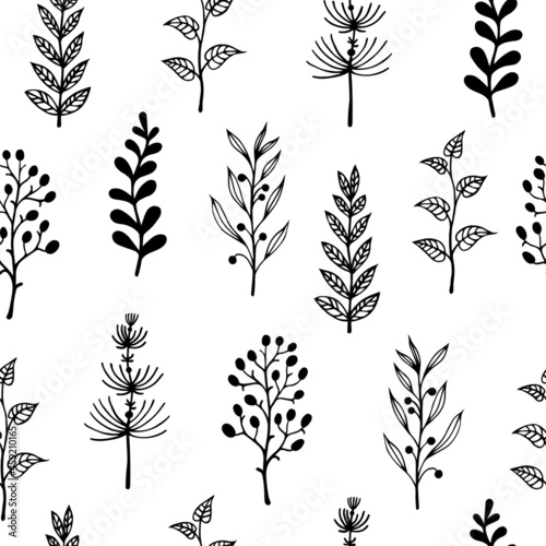 Branches and herbs seamless vector pattern. Hand-drawn botanical elements on a white background. Twigs with leaves and berries. Field plants sketch. Black silhouettes of flowers and grass.