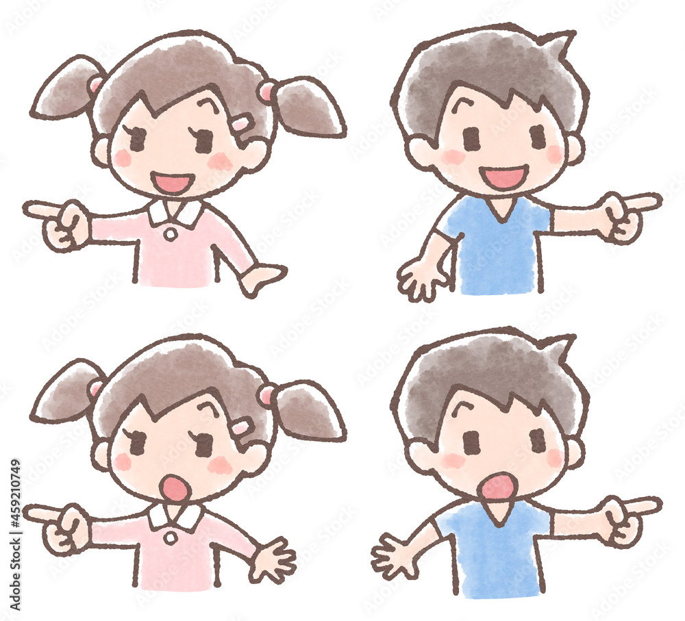 かわいい子供たちの指差しイラストセット水彩風 かわいい子供たちの指差しイラストセット水彩風