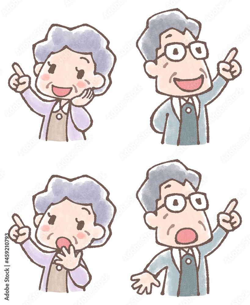 老夫婦の指差しイラストセット水彩風 老夫婦の指差しイラストセット水彩風
