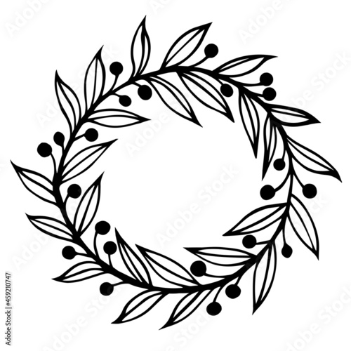 Wreath of branches, leaves and berries vector icon. Hand drawn doodle isolated on white background. Holly twigs, veined leaves and round fruits. Christmas garland. Monochrome festive concept.