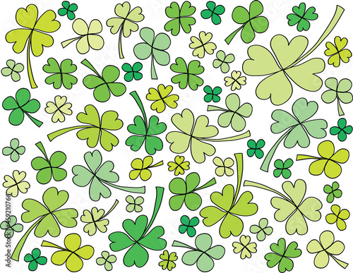 Color vector shamrock pattern. Bright green four leaf clovers isolated on white background  simple cartoon illustration.