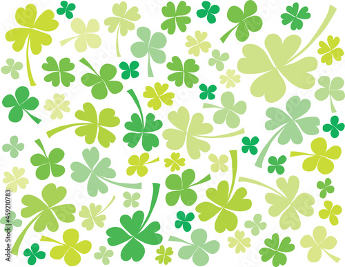 Green four leaf clovers isolated on white background. Simple floral vector pattern with bright shamrocks.