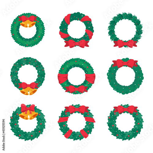 Christmas wreath vector. Winter garland adorned with red holly berries on green pine branches. photo