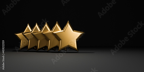 Five golden stars on black background for the best customer client evaluation for use product and service concept by 3d rendering.