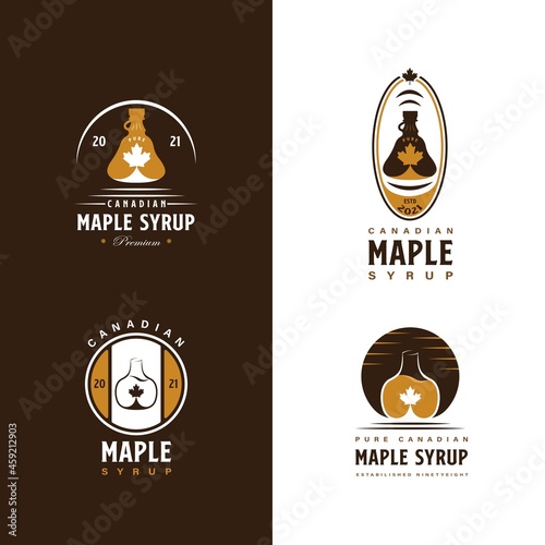 Set of Vintage Retro Style for Maple Syrup Logo Design. With maple leaf, bottle icon. Luxury, Classic, and Premium Logo