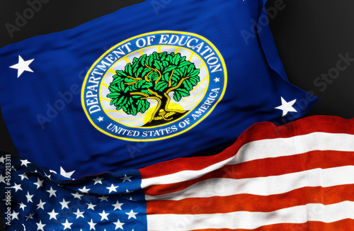Flag of the United States Secretary of Education along with a flag of the United States of America as a symbol of a connection between them, 3d illustration