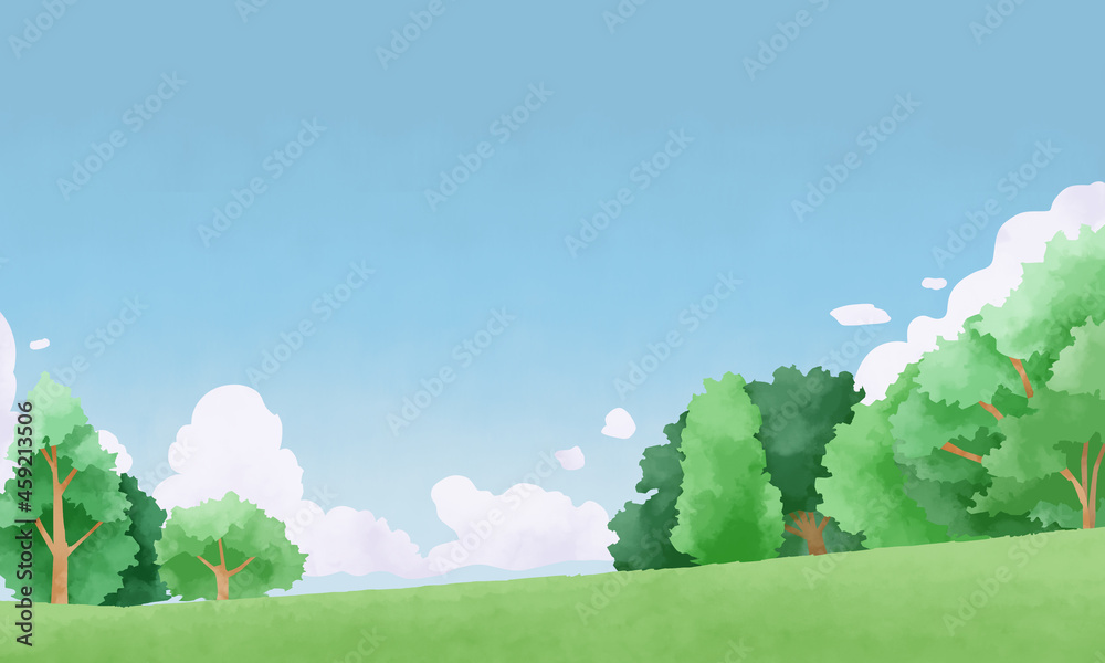 青空と木々の広場の手書き風イラスト