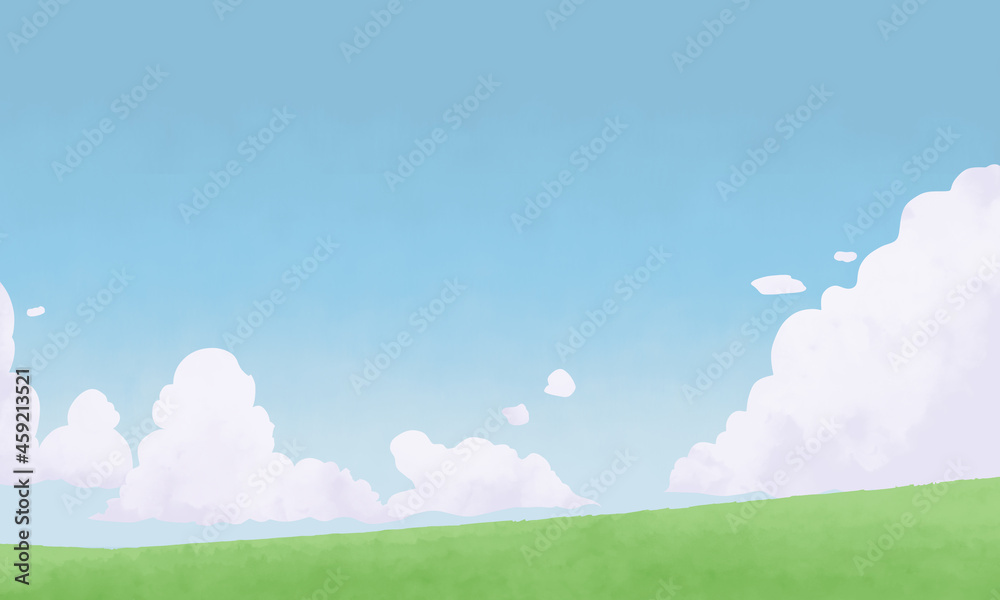 青空と雲の広場の手書き風イラスト