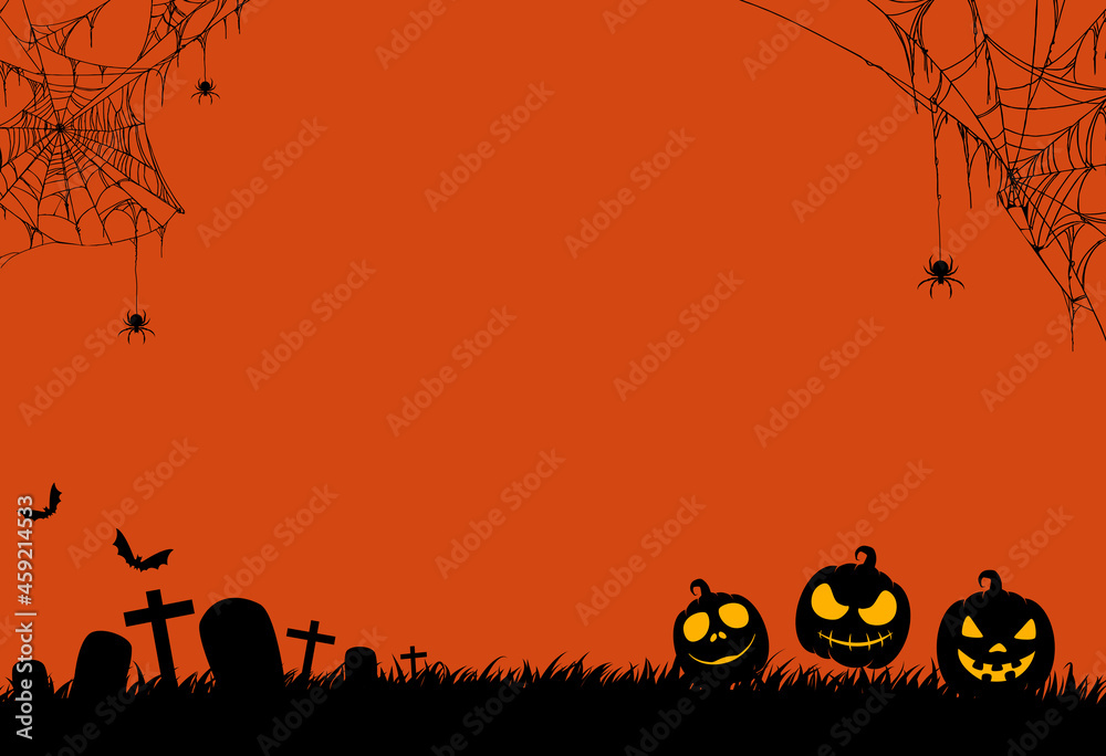 Halloween party background with spiders,spiderwebs,pumpkins,bats, cemetery isolated on orange texture, blank space for text,element template for poster,brochures, advertising,vector illustration