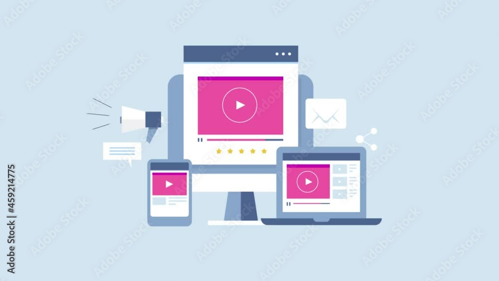 Video content on digital device, communication technology, viral video on social media, marketing advertising concept. 2d animation 4k video clip.
