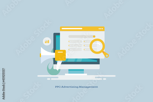 Pay per click - ppc, digital advertising, seo strategy, search engine marketing, reaching audience with search advertising concept. PPC ads displaying on web browser. Web banner template.