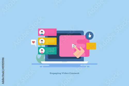 Audience clicking on video player, content marketing strategy and video advertising, business communication technology, social media vlogging concept. Web banner template.
