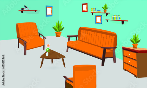 Vector illustration of a drawing room with a double and single sofa, tea table, self, hanging book rack. 