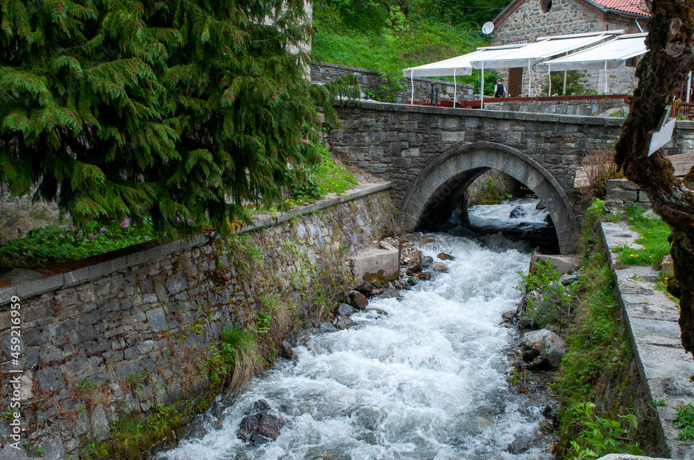 Fototapeta premium Rila Bulgaria, stream through mountain village with stone bridge