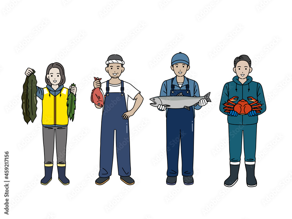 漁師 漁業 男女 水揚げ 魚 蟹 昆布 収穫 全身 イラスト素材 Stock ベクター Adobe Stock