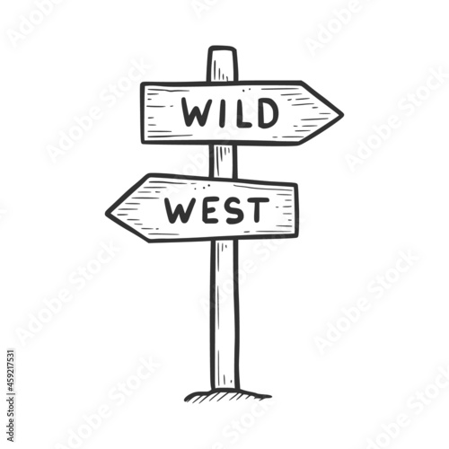 Hand drawn wild west direction sign element. Comic doodle sketch style. Cowboy, western concept icon. Isolated vector illustration.