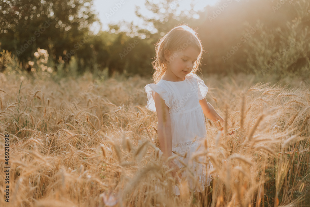 Adorable little blonde girl in a hat and a white linen dress, standing on a wheat field and touching the ears of wheat with her hands. Baby outdoor enjoying nature wheat field. High quality photo Adorable little blonde girl in a hat and a white linen dress, standing on a wheat field and touching the ears of wheat with her hands. Baby outdoor enjoying nature wheat field. High quality photo