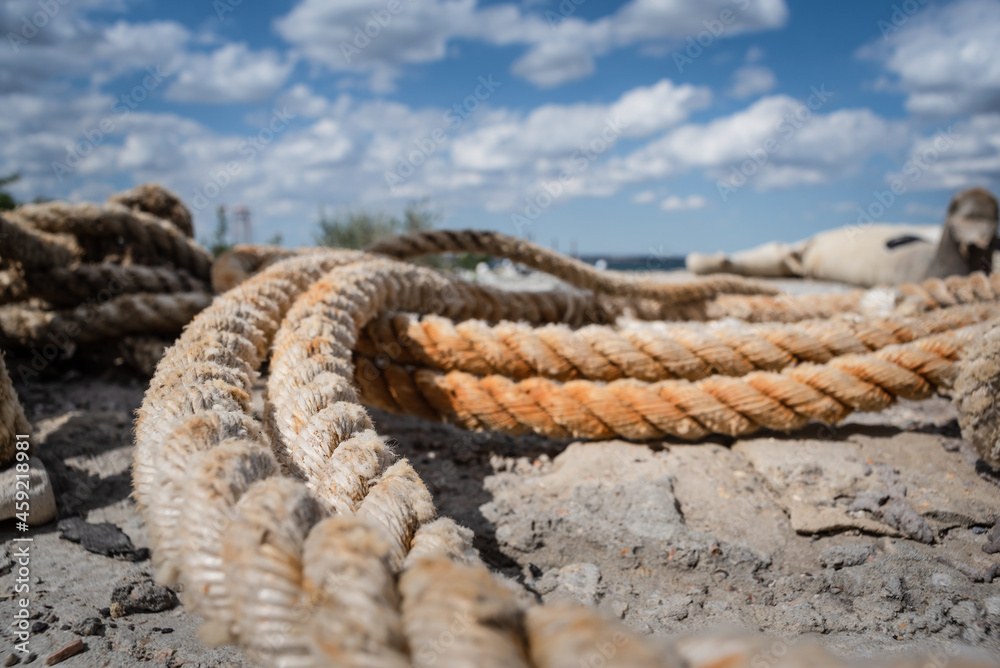 Fototapeta premium Old mooring rope on the pier close up abstract background.