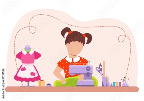 Sewing. Girl seamstress. Creative craft concept for work and hobby. A type of manual labor. Textile. Flat cartoon style. Vector.