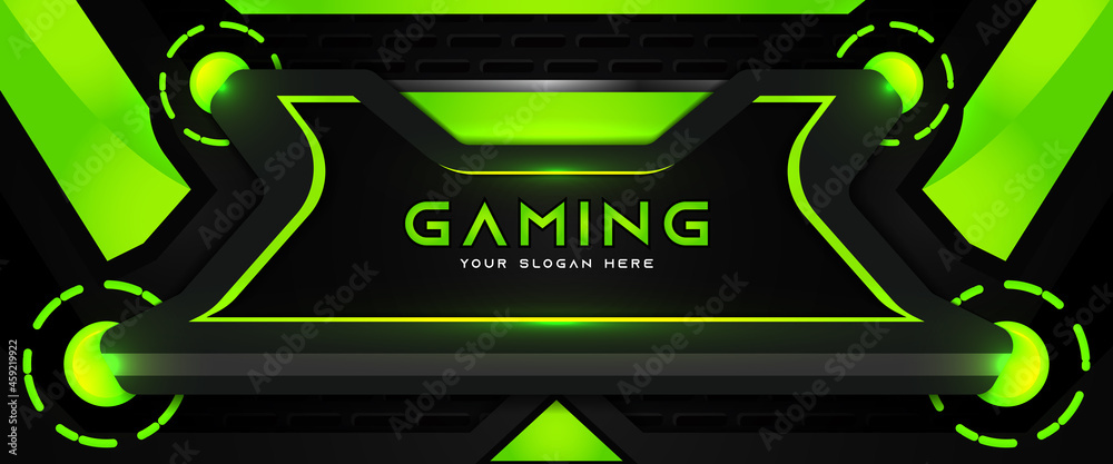 Futuristic green and black abstract gaming banner design with metal technology concept. Vector illustration for business corporate promotion, game header social media, live streaming background