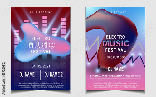Cover music poster flyer design template background with layout colorful on dark blue glitters style. Light electro vector for event festival concert, dancing, disco, night club invitation
