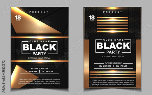Cover music poster flyer design template background with layout gold glitters color on dark style. Light electro vector for event festival concert, dancing, disco, night club invitation