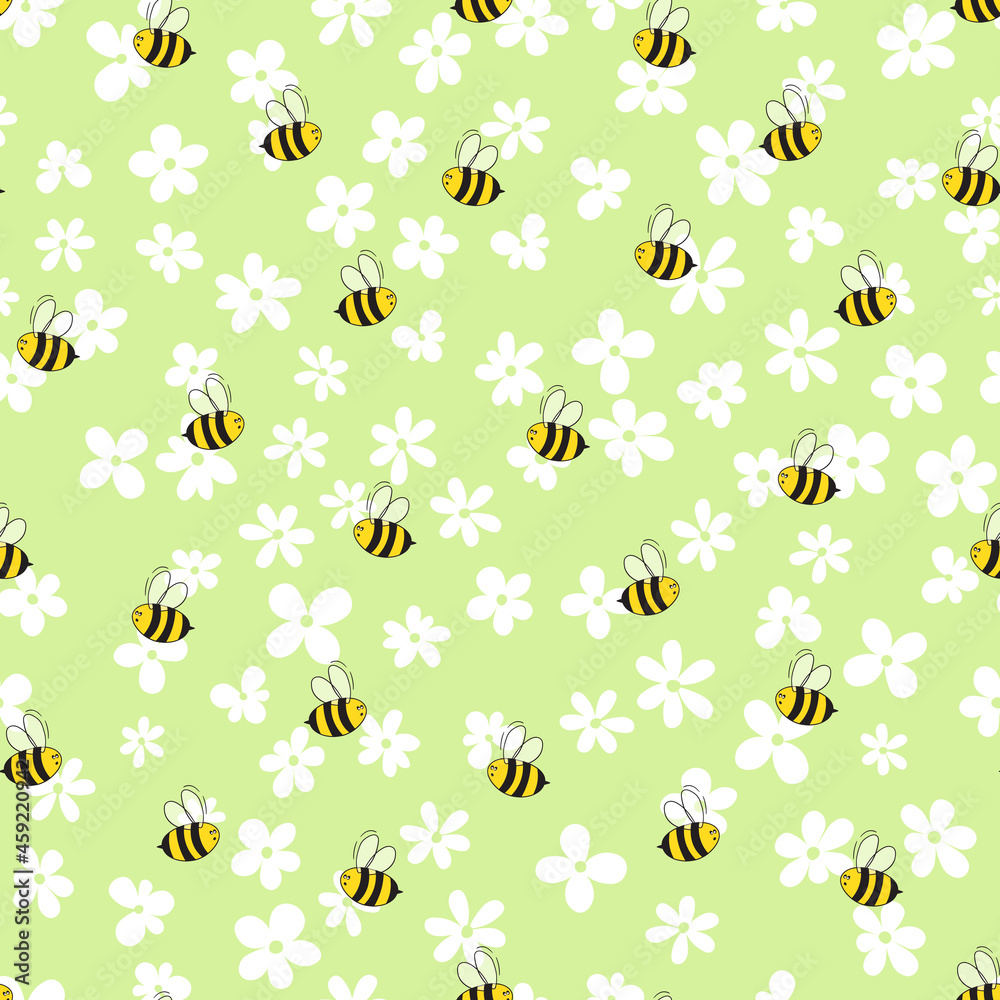 Seamless pattern with bees and flowers on color background. Small wasp. Vector illustration. Adorable cartoon character. Template design for invitation, cards, textile, fabric. Doodle style Seamless pattern with bees and flowers on color background. Small wasp. Vector illustration. Adorable cartoon character. Template design for invitation, cards, textile, fabric. Doodle style