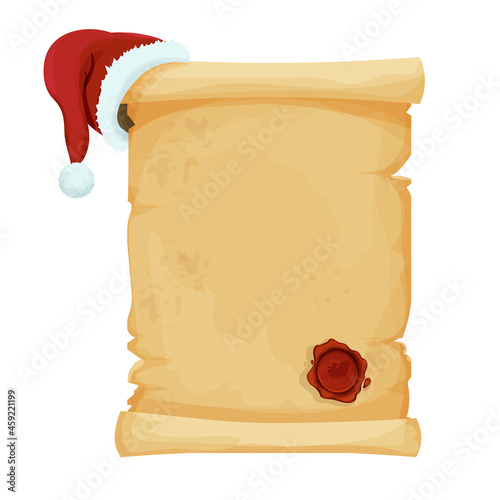 Parchment scroll empty Christmas letter with Santa hat and red round wax seal in cartoon style isolated on white. New year decoration, frame. Holiday, winter. Vector illustration