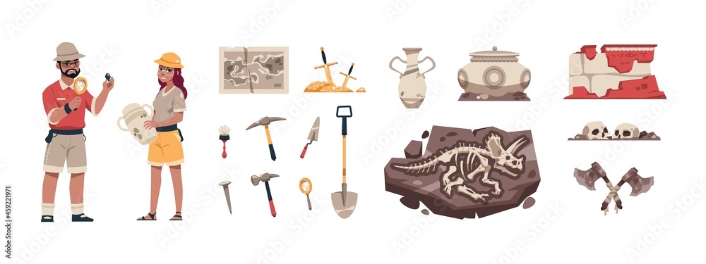 Cartoon paleontology. Ancient fossil with bones and treasures. Archaeologists dig up artifacts. Explorers search dinosaur skeletons. Historical excavation. Vector study and science set