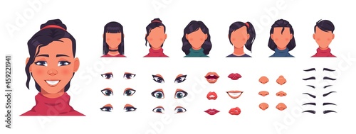 Woman face constructor. Female character avatar kit with hair and facial shapes. Eyes with eyebrows, nose and lips collection. Hairstyle creator. Vector cartoon portrait elements set