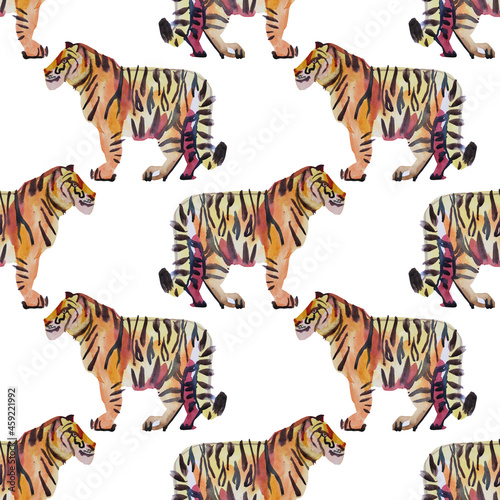 Seamless pattern watercolor hand-drawn abstract tiger wild cat isolated on white. Chinese symbol new year. Orange animal with black stripes. Creative background for christmas  celebration