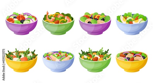Vegetable salad. Cartoon bowls with healthy lettuce leaves and sauces. Summer light breakfast. Tomato and fish pieces diet mix. Cutting eggs or meat in plates. Vector tasty snacks set