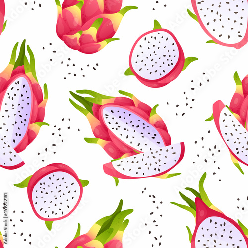 Pitaya pattern. Seamless texture with whole half and pieces of exotic Asian dragon fruits. Sweet tropical product and plant seeds. Summer juicy pitahaya background. Vector print mockup