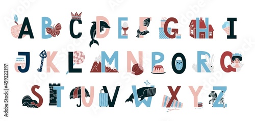 Kids alphabet. Childish English letter pack with funny drawings for learning. Uppercase language signs collection. Typography text symbols and sketch. Vector ABC characters education set