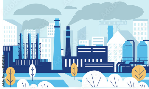 Industrial pollution landscape. Factory polluted city with Carbon dioxide and smoke. Toxic industry and power plant. Manufacturing buildings. Blue cityscape background. Vector town scene