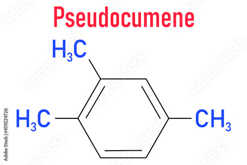 Pseudocumene  1 2 4-trimethylbenzene  aromatic hydrocarbon molecule. Occurs in naturally in coal tar and petroleum. Skeletal formula.