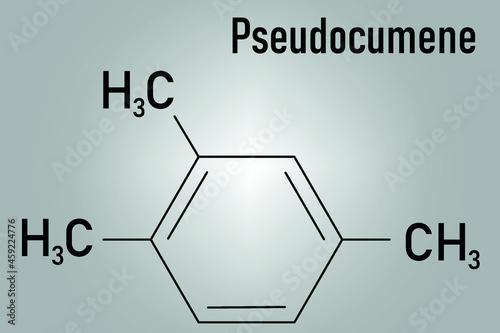 Pseudocumene (1,2,4-trimethylbenzene) aromatic hydrocarbon molecule. Occurs in naturally in coal tar and petroleum. Skeletal formula.