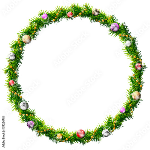 Thin christmas wreath with beads and baubles. Round frame of pine branches isolated on white. Vector illustration for christmas, new years day, decoration, winter holiday, design, silvester, etc