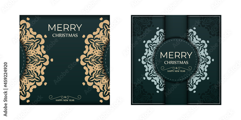 Merry christmas and happy new year dark green color flyer template with winter yellow ornament
