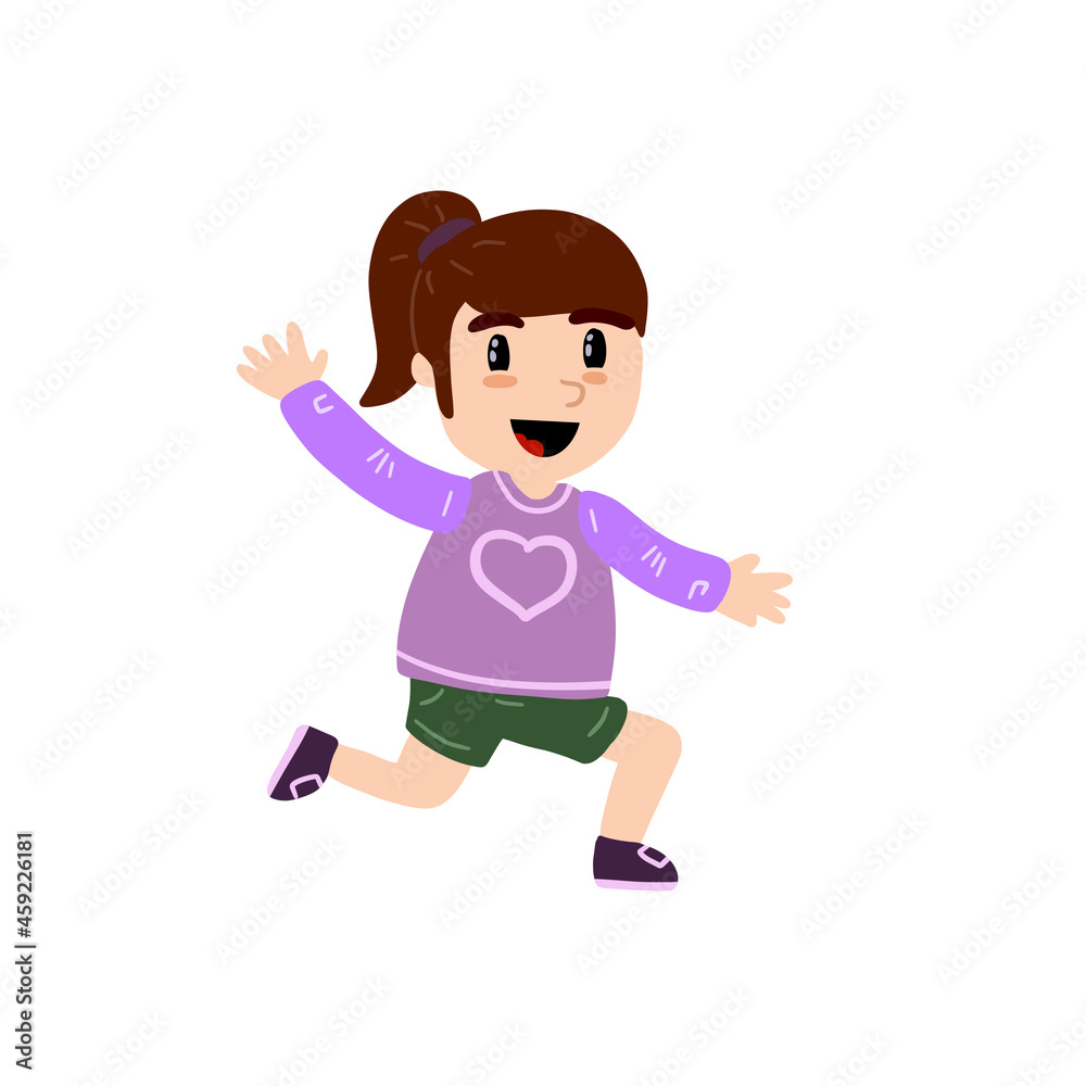 Little girl run. Happy child. Cute Character in pink clothes. Activity and joy. Waving arms. Flat cartoon illustration