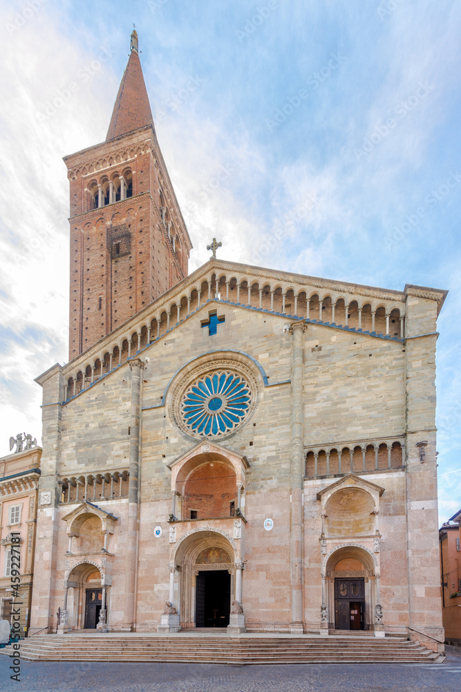 View at the Facade of Cathedral of Santa Maria Assunta and Santa Giustina in Piacenza, Italy