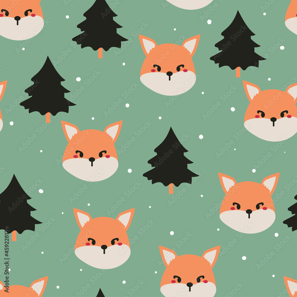 Seamless pattern with cute cartoon fox and tree for fabric print, textile, gift wrapping paper. colorful vector for textile, flat style Seamless pattern with cute cartoon fox and tree for fabric print, textile, gift wrapping paper. colorful vector for textile, flat style