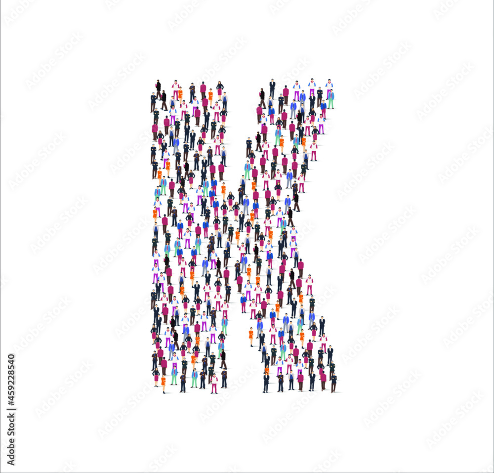 Men and women characters illustration flat. forming the consonant K symbol on white background. Vector illustration, Group, People set Men and women characters illustration flat. forming the consonant K symbol on white background. Vector illustration, Group, People set