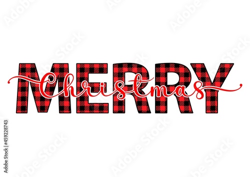 Vector Merry Christmas quote with buffalo plaid pattern isolated on white background. Typography poster, quote for Xmas greetings cards, door sign, home decoration, t shirt design.