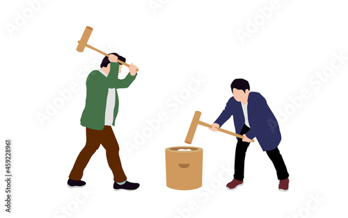  Silhouette men ( rice cake pounding | Japanese traditional new year’s event ) vector illustration
