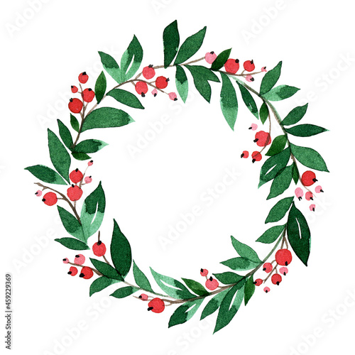 simple watercolor christmas wreath. wreath for christmas and new year from green leaves and red berries isolated on white background