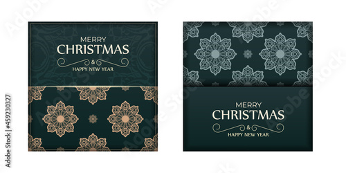 Holiday card Merry Christmas and Happy New Year in dark green color with vintage yellow pattern