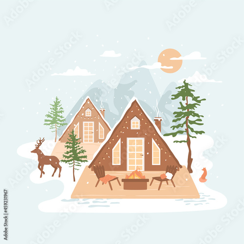 Winter vacation card with log cabin. Suburban house in forest, terrace with chairs near fireplace, wild animals fox and deer near cottage. Scandinavian, North resort concept, weekend on nature