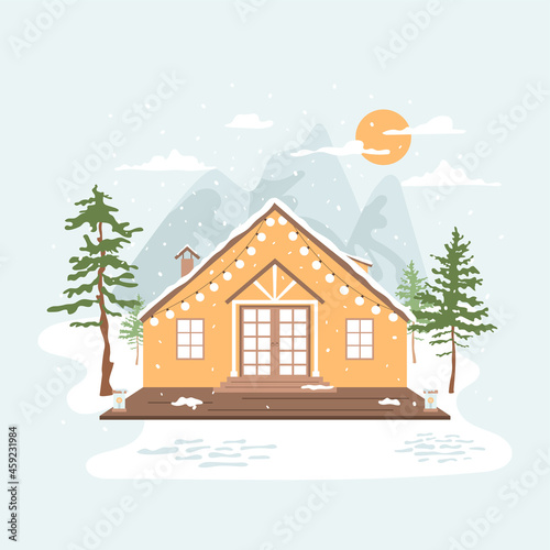 Cozy house in winter forest. Weekend, vacation on nature, snowy landscape with hills on background. Cottage with light bulbs, terrace and fir trees. Vector Scandinavian, North scene, Europe resort