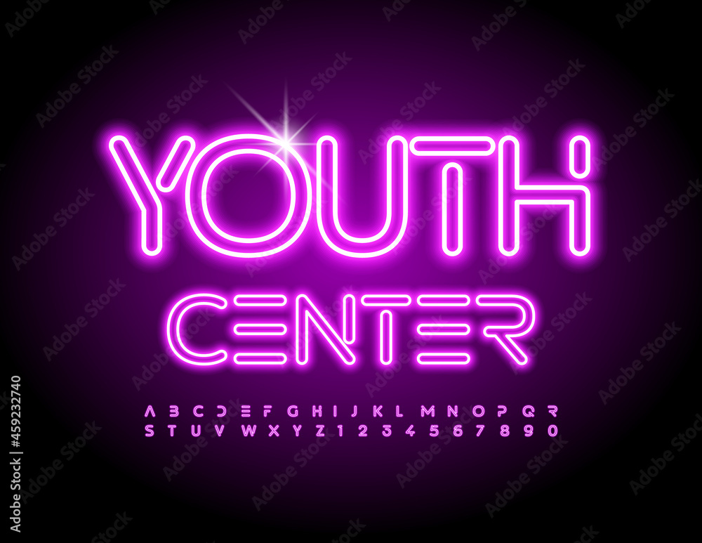 Vector Neon Emblem Youth Center. Blue glowing Font. Illuminated Led Alphabet Letters and Numbers set